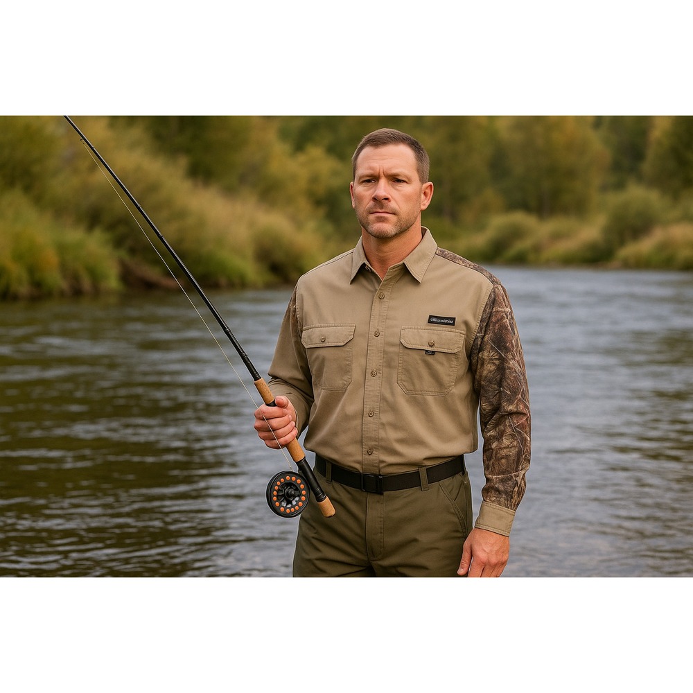 Fishouflage Vented Button Front Hunting Camo Shirt Mens Large Green Polyester